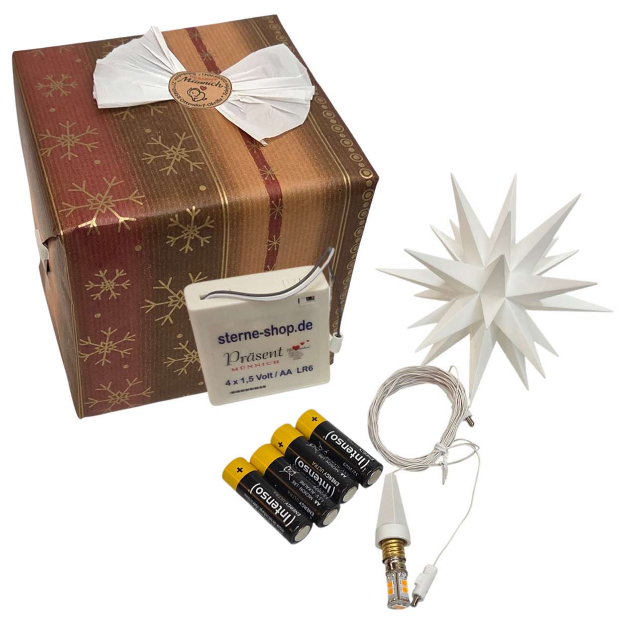 GESCHENKSET - Ministern weiß 13 cm und Batteriehalter inkl. 4 Batterien