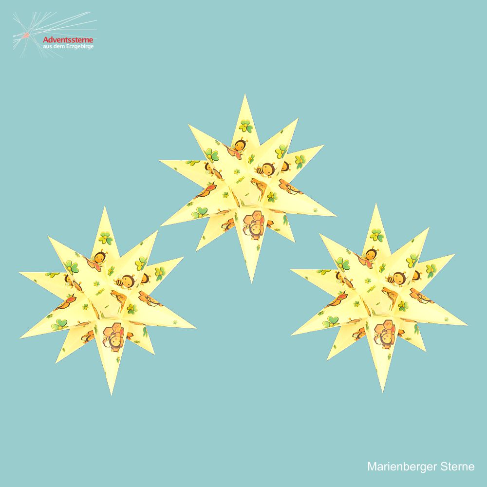 3 Motivsterne gelb Biene 16 cm mit 6 Std. Timer + Batteriebeleuchtung